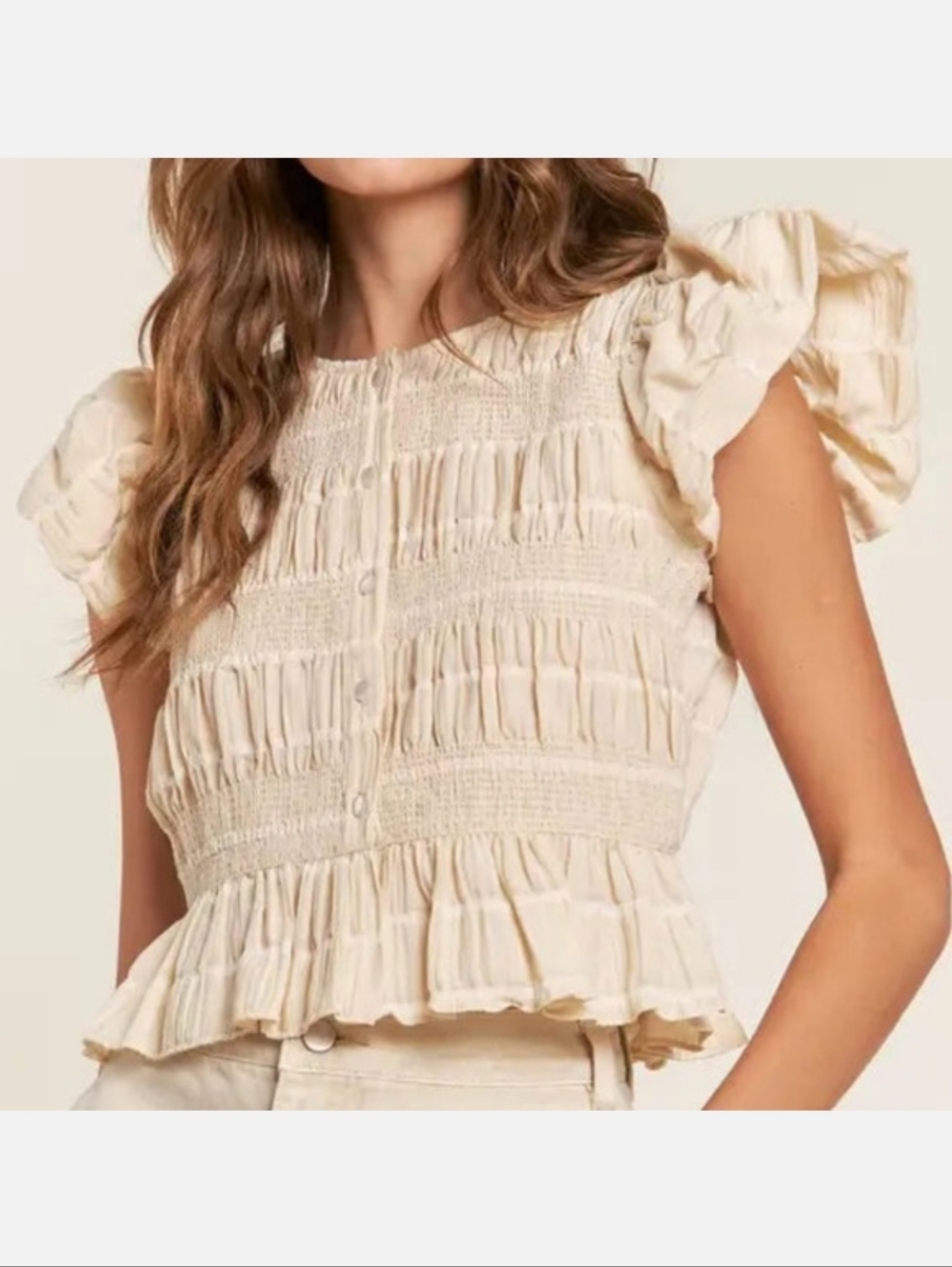 Women's In The Beginning Babydoll Smock Button Down Flutter Sleeve Blouse Sz M
